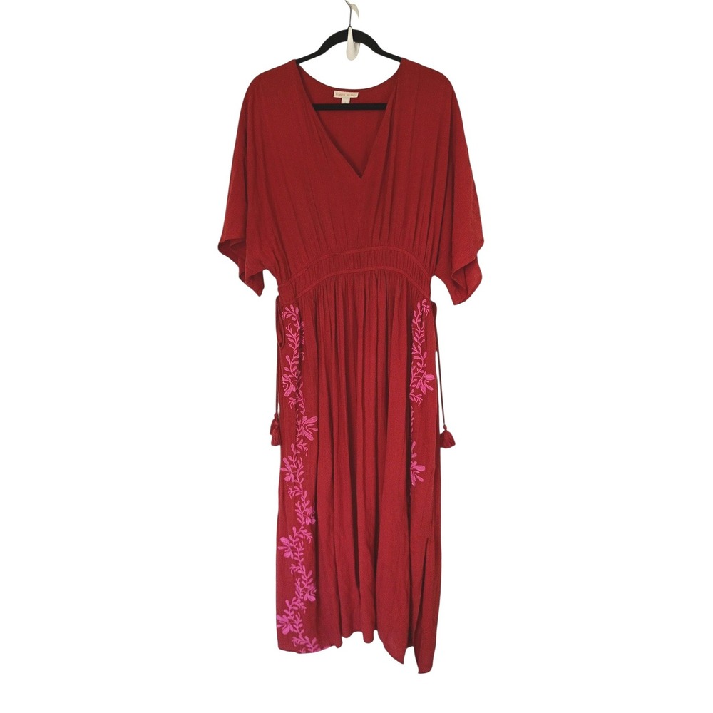 Knox Rose Womens Red Floral Embroidered V-Neck Smocked Midi Dress Large Tassels